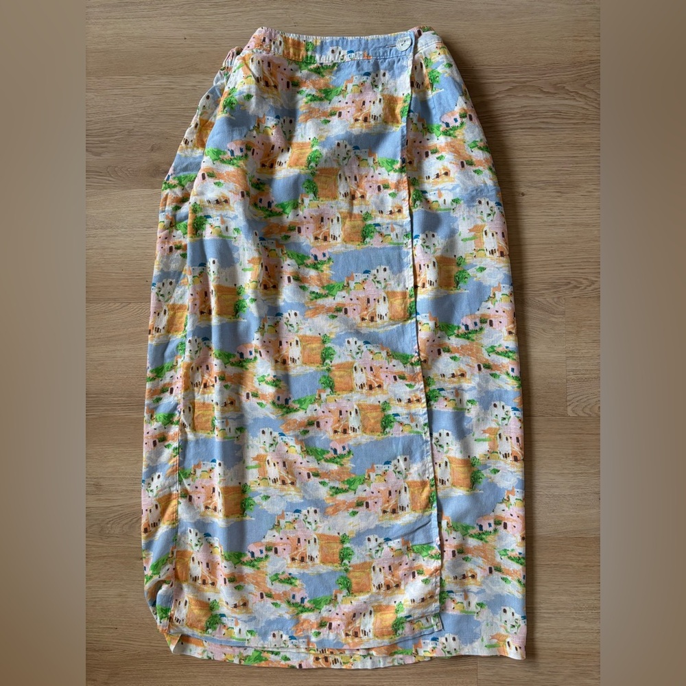 Beachy Linen Blue Maxi Skirt with Multicolor Village Print